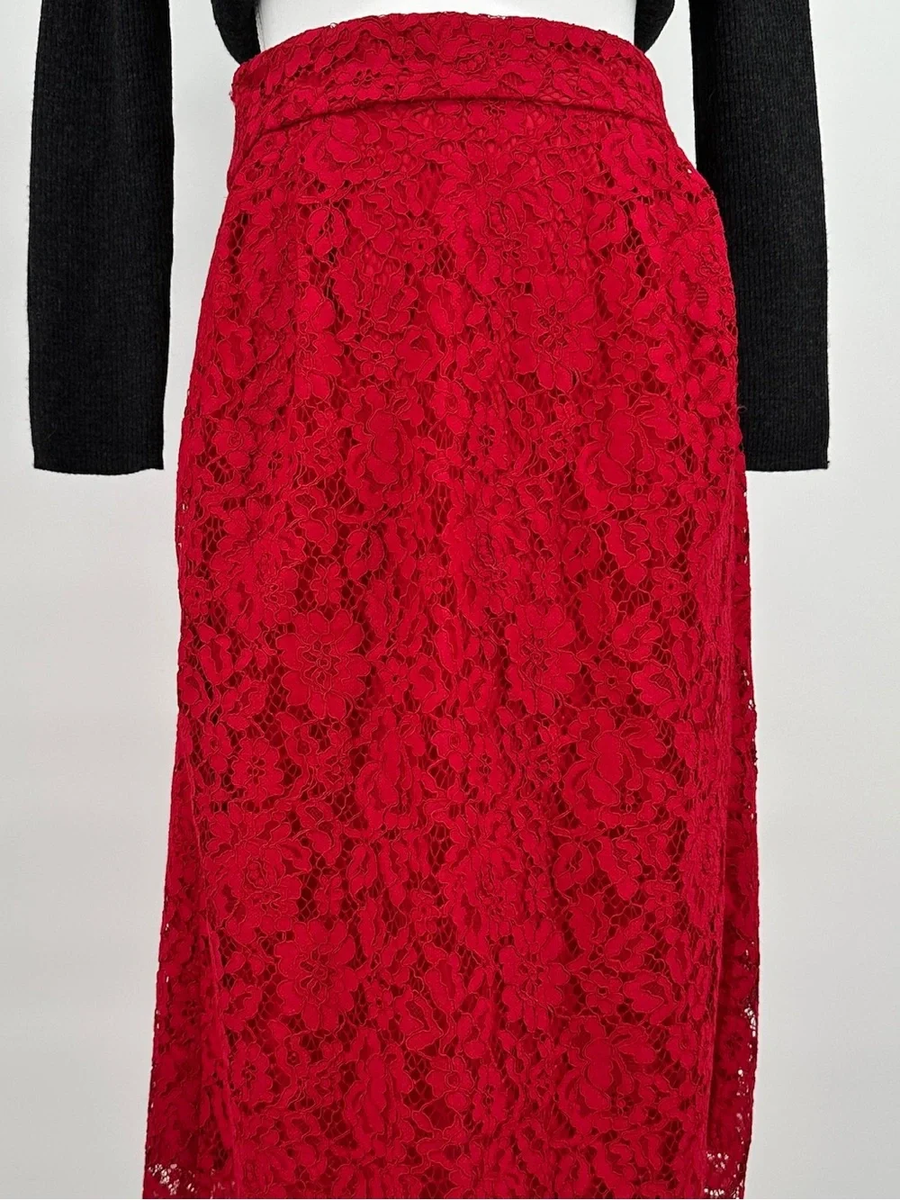 J.Crew Red Lace Pencil Skirt Scalloped Eyelash Hem Lined Size 10 - Picture 11 of 13